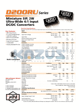 D202RU datasheet - Miniature SIP, 2W Ultra-Wide 4:1 Input DC/DC Converters