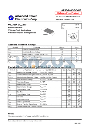 AP30G40GEO-HF datasheet - N-CHANNEL INSULATED GATE BIPOLAR TRANSISTOR