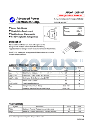 AP30P10GP-HF datasheet - N-CHANNEL ENHANCEMENT MODE POWER MOSFET