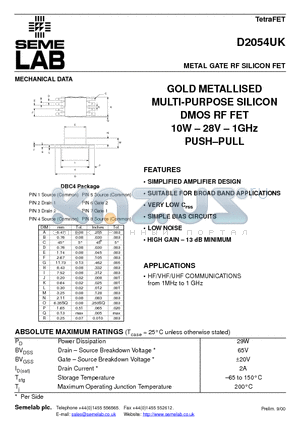 D2054UK datasheet - METAL GATE RF SILICON FET