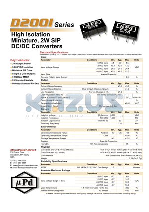 D206I datasheet - High Isolation Miniature, 2W SIP DC/DC Converters