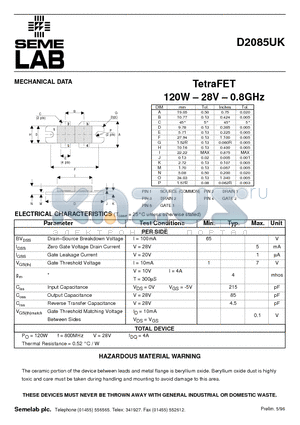 D2085UK datasheet - TetraFET 120W - 28V - 0.8GHz