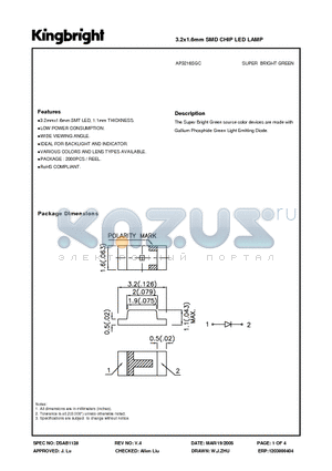 AP3216SGC datasheet - 3.2x1.6mm SMD CHIP LED LAMP