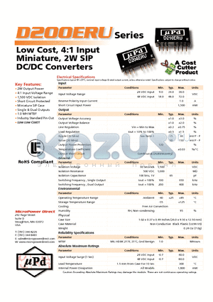 D208ERU datasheet - Low Cost, 4:1 Input Miniature, 2W SIP DC/DC Converters