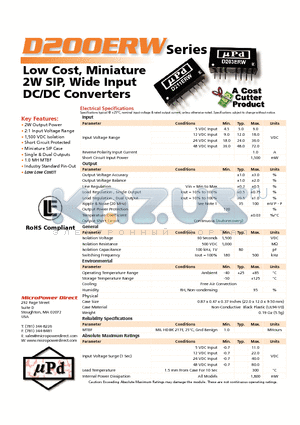 D208ERW datasheet - Low Cost, Miniature 2W SIP, Wide Input DC/DC Con vert ers