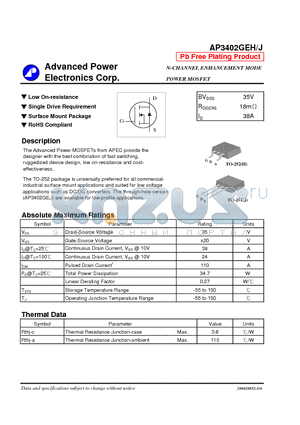 AP3402GEJ datasheet - N-CHANNEL ENHANCEMENT MODE POWER MOSFET