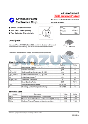 AP3310GH-HF datasheet - Simple Drive Requirement, 2.5V Gate Drive Capability