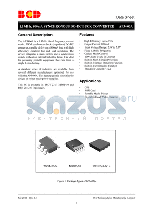 AP3406A datasheet - 1.1MHz, 800mA SYNCHRONOUS DC-DC BUCK CONVERTER