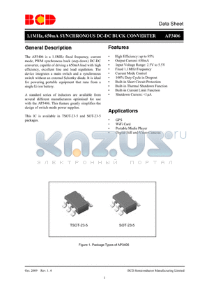 AP3406KT-ADJTRG1 datasheet - 1.1MHz, 650mA SYNCHRONOUS DC-DC BUCK CONVERTER