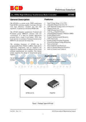 AP3408DNTR-G1 datasheet - 2A, 4MHz High Efficiency Synchronous Buck Converter