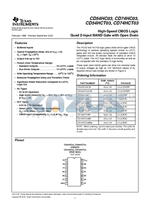 CD74HC03M96 datasheet - High-Speed CMOS Logic Quad 2-Input NAND Gate with Open Drain