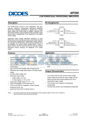 AP358SL-13 datasheet - LOW POWER DUAL OPERATIONAL AMPLIFIERS