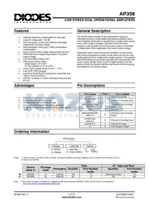 AP358SG-13 datasheet - LOW POWER DUAL OPERATIONAL AMPLIFIERS