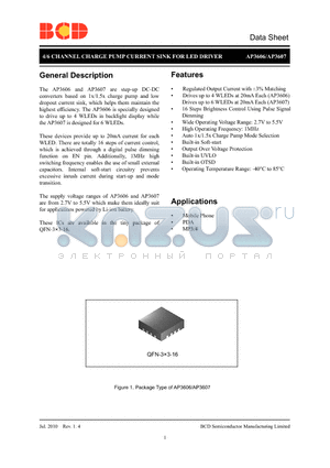 AP3607FNTR-G1 datasheet - 4/6 CHANNEL CHARGE PUMP CURRENT SINK FOR LED DRIVER
