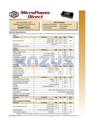 D213RPI datasheet - 2W, High Isolation, SIP Regulated, Short Circuit Protected DC/DC Converters