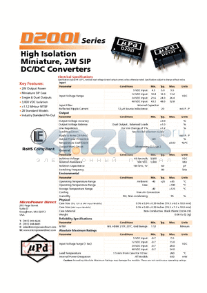 D213I datasheet - High Isolation Miniature, 2W SIP DC/DC Converters