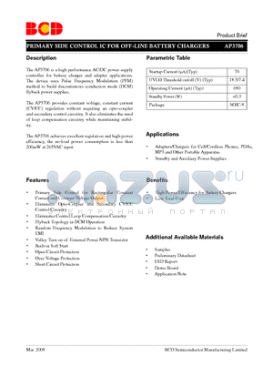 AP3706M-E1 datasheet - PRIMARY SIDE CONTROL IC FOR OFF-LINE BATTERY CHARGERS