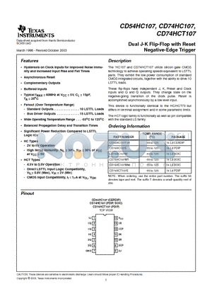 CD74HC107M datasheet - Dual J-K Flip-Flop with Reset Negative-Edge Trigger