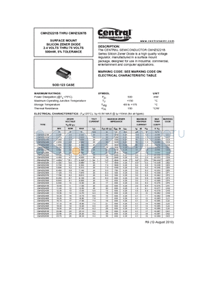 CMHZ5221B_10 datasheet - SURFACE MOUNT SILICON ZENER DIODE 2.4 VOLTS THRU 75 VOLTS 500mW, 5% TOLERANCE