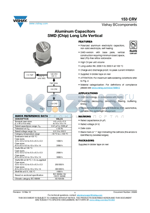153CRV datasheet - Aluminum Capacitors SMD (Chip) Long Life Vertical