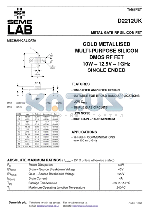 D2212 datasheet - METAL GATE RF SILICON FET