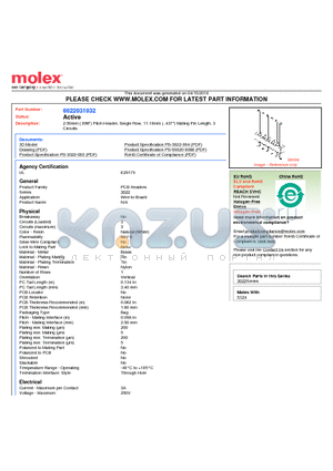 3022-03B datasheet - 2.50mm (.098) Pitch Header, Single Row, 11.10mm (..437) Mating Pin Length, 3 Circuits