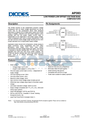 AP393 datasheet - LOW POWER LOW OFFSET VOLTAGE DUAL