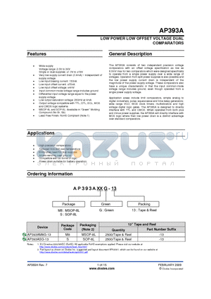 AP393ASG-13 datasheet - LOW POWER LOW OFFSET VOLTAGE DUAL COMPARATORS