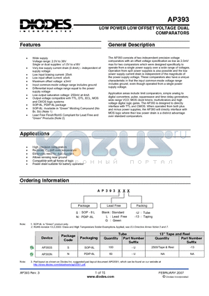 AP393S datasheet - LOW POWER LOW OFFSET VOLTAGE DUAL COMPARATORS