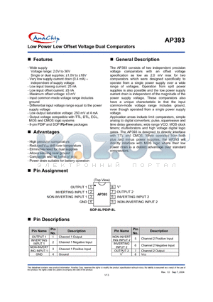 AP393SA datasheet - Low Power Low Offset Voltage Dual Comparators