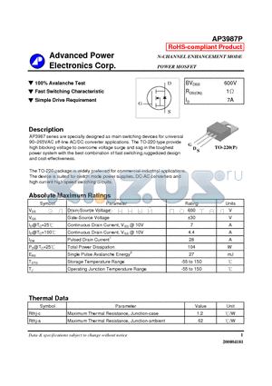 AP3987P datasheet - N-CHANNEL ENHANCEMENT MODE POWER MOSFET