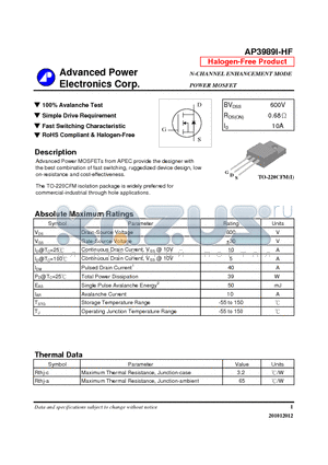 AP3989I-HF datasheet - N-CHANNEL ENHANCEMENT MODE POWER MOSFET