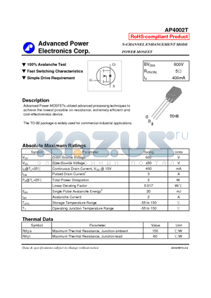 AP4002T datasheet - N-CHANNEL ENHANCEMENT MODE POWER MOSFET