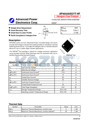 AP4034ASGYT-HF datasheet - Simple Drive Requirement, Good Recovery Time