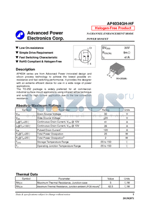 AP4034GH-HF datasheet - N-CHANNEL ENHANCEMENT MODE POWER MOSFET