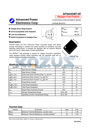 AP4034GMT-HF datasheet - Simple Drive Requirement, SO-8 Compatible with Heatsink