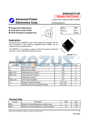 AP4034GYT-HF datasheet - Simple Drive Requirement, Small Size & Lower Profile