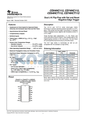 CD74HC112 datasheet - Dual J-K Flip-Flop with Set and Reset Negative-Edge Trigger