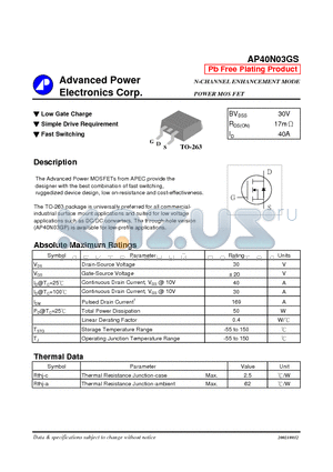 AP40N03GS datasheet - N-CHANNEL ENHANCEMENT MODE POWER MOSFET