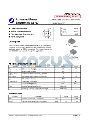 AP40P03GH datasheet - P-CHANNEL ENHANCEMENT MODE POWER MOSFET