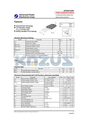 AP40G120W datasheet - N-CHANNEL INSULATED GATE BIPOLAR TRANSISTOR