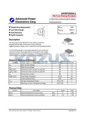 AP40T03GH datasheet - N-CHANNEL ENHANCEMENT MODE POWER MOSFET