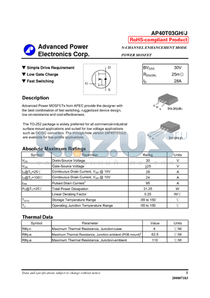 AP40T03GH datasheet - N-CHANNEL ENHANCEMENT MODE POWER MOSFET