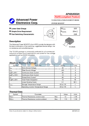 AP40U03GH datasheet - Lower Gate Charge Simple Drive Requirement