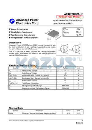 AP4226BGM-HF datasheet - Lower On-resistance, Simple Drive Requirement