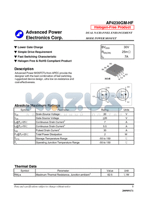 AP4230GM-HF datasheet - Lower Gate Charge, Simple Drive Requirement
