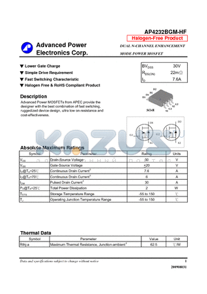 AP4232BGM-HF datasheet - Lower Gate Charge, Simple Drive Requirement