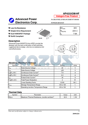 AP4232GM-HF datasheet - Low On-Resistance, Simple Drive Requirement