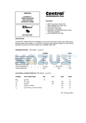 CMKD6263 datasheet - ULTRAmini. TRIPLE ISOLATED HIGH VOLTAGE SCHOTTKY DIODE