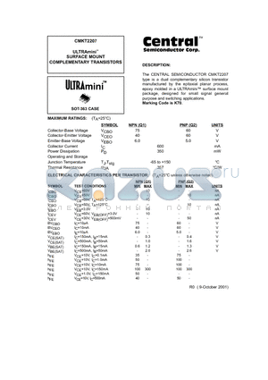 CMKT2207 datasheet - ULTRAmini. SURFACE MOUNT COMPLEMENTARY TRANSISTORS